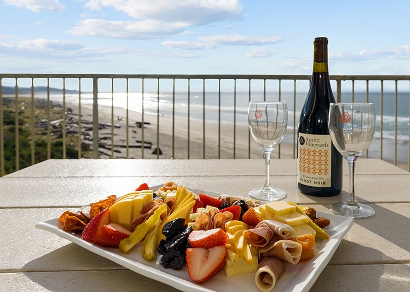 Inn at Spanish Head wine fruit and cheese platter in room gift