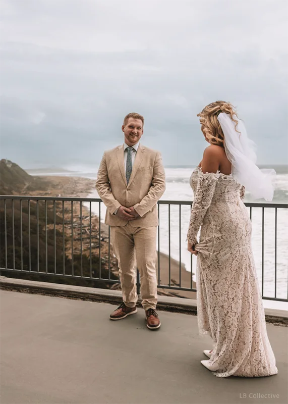 Inn at Spanish Head Wedding First Look on Balcony